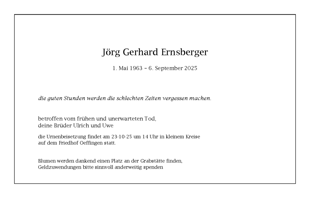 Traueranzeige Jörg Gerhard Ernsberger