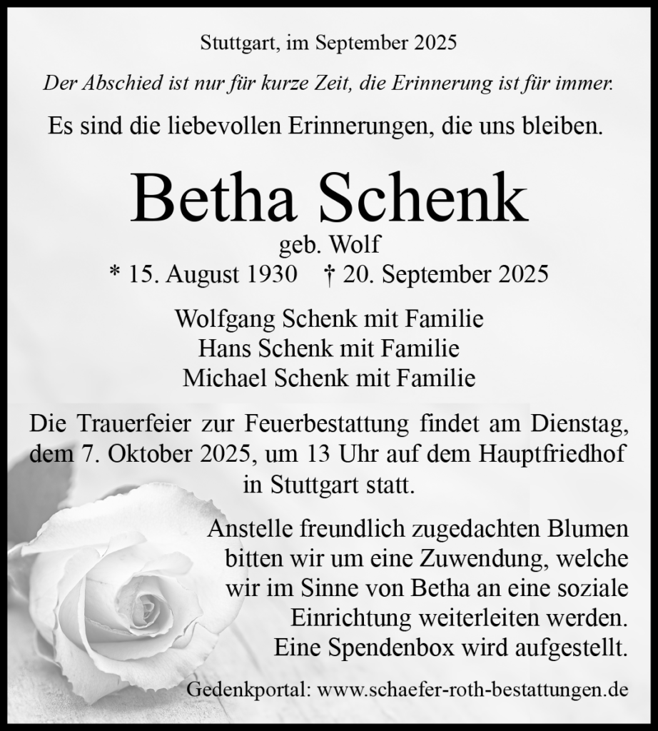 Traueranzeige - Betha Schenk