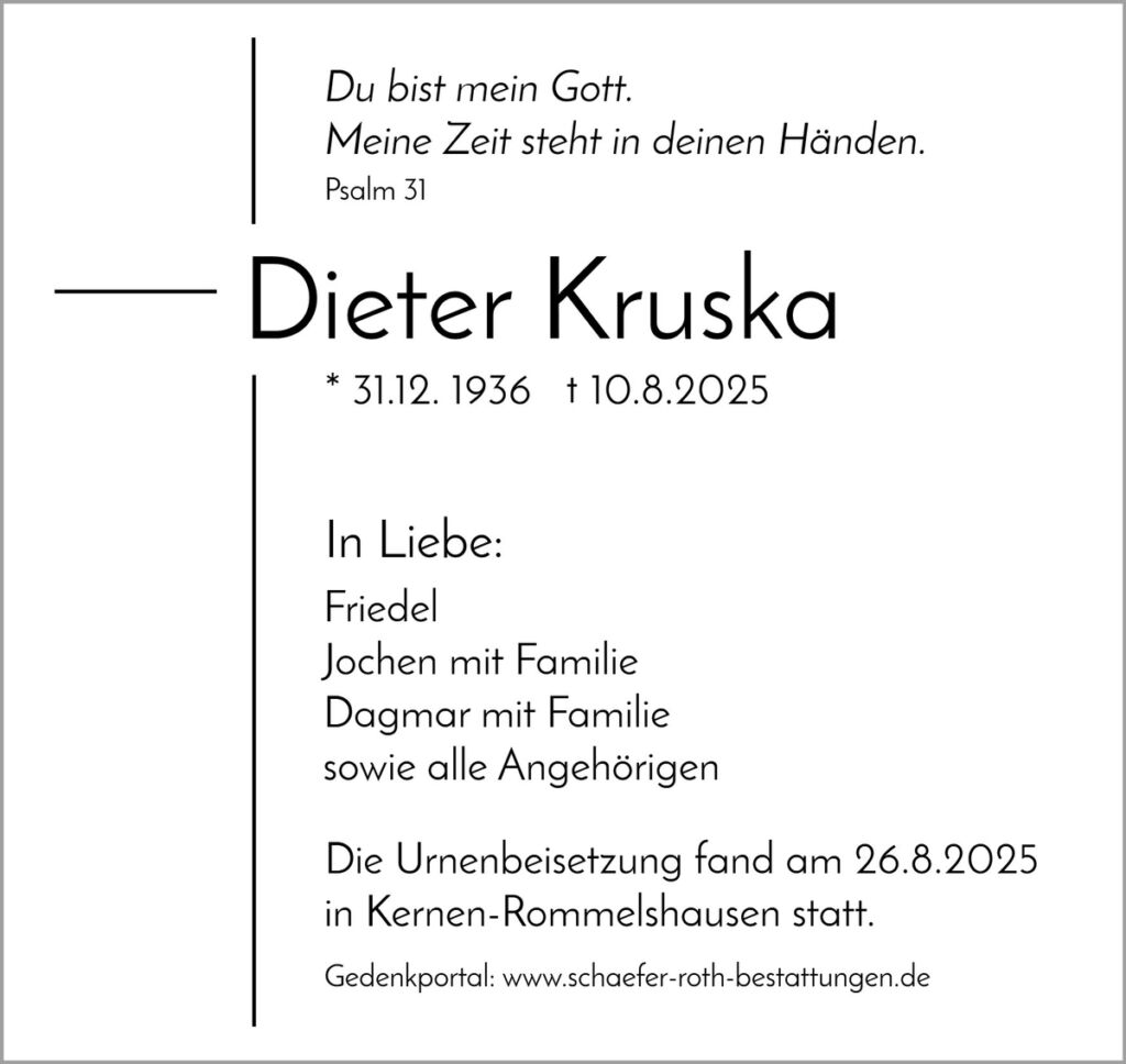 Traueranzeige Dieter Kruska