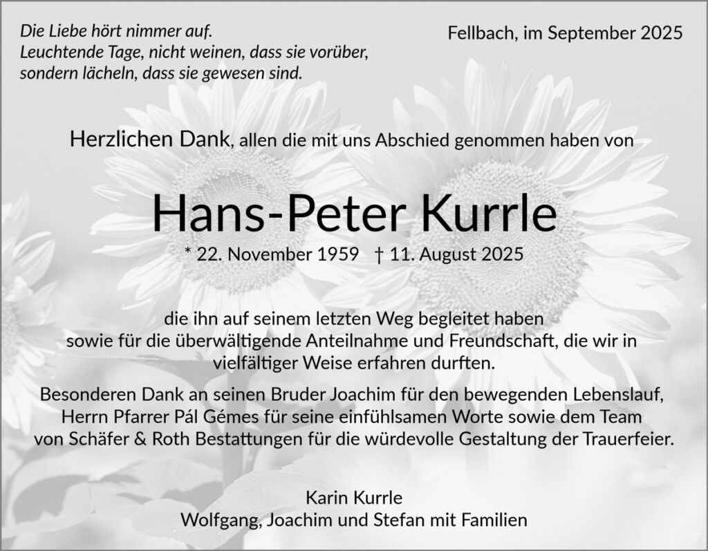 Traueranzeige Hans-Peter Kurrle