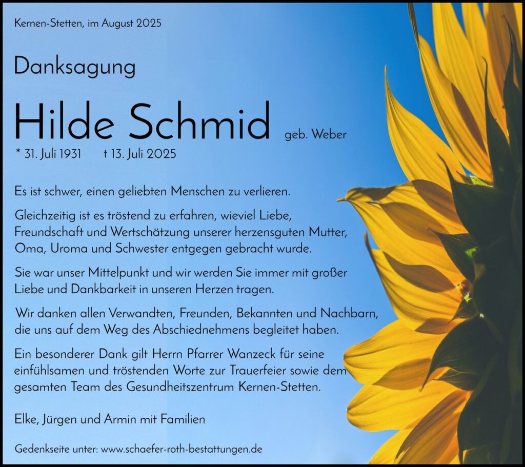 Traueranzeige Hilde Schmid
