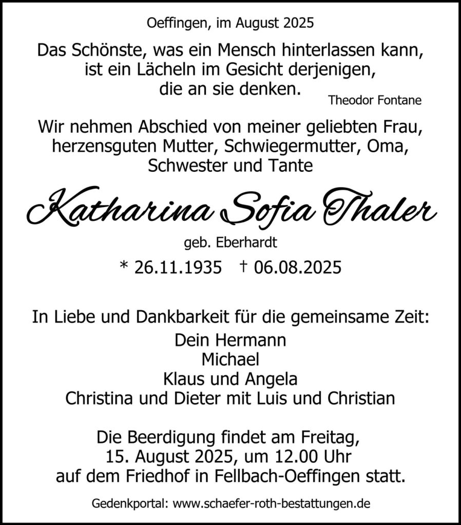 Traueranzeige Katharina Sofia Thaler
