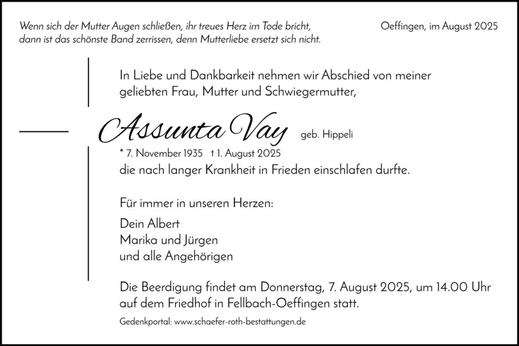 Traueranzeige Assunta Vay