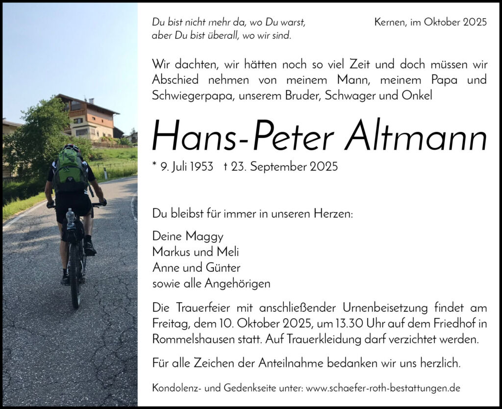 Traueranzeige Hans-Peter Altmann
