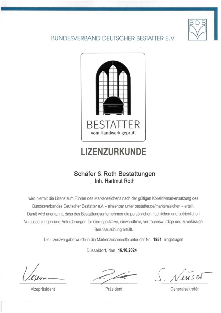 Lizenzurkunde geprüfter Bestatter