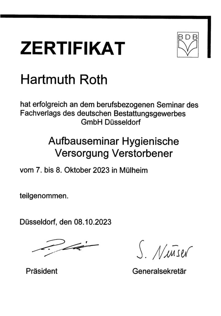 Zertifikat – Hygienische Versorgung Verstorbener – Hartmuth Roth