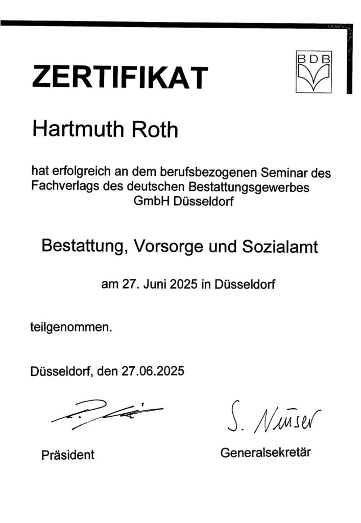 Zertifikat – Bestattung und Vorsorge – Hartmuth Roth