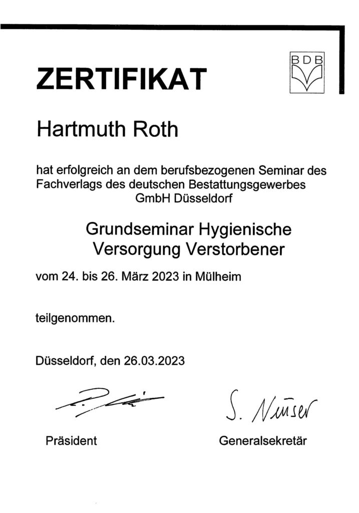 Zertifikat – Hygienische Versorgung Verstorbener – Hartmuth Roth
