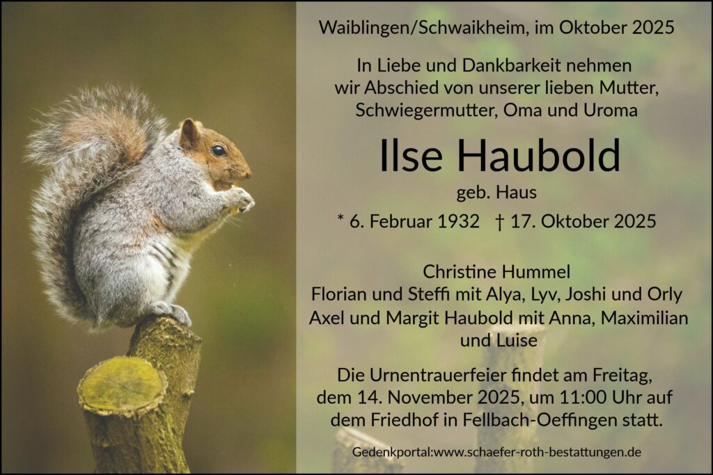 Trauernazeige Ilse Haubold