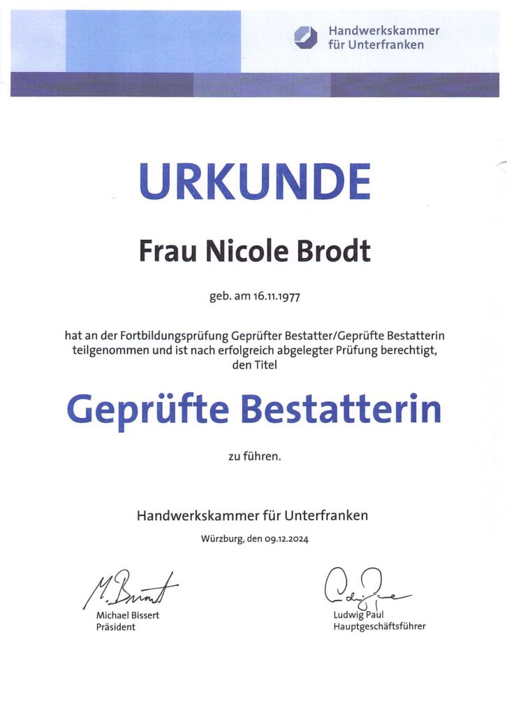 Urkunde – Geprüfte Bestatterin – Nicole Brodt