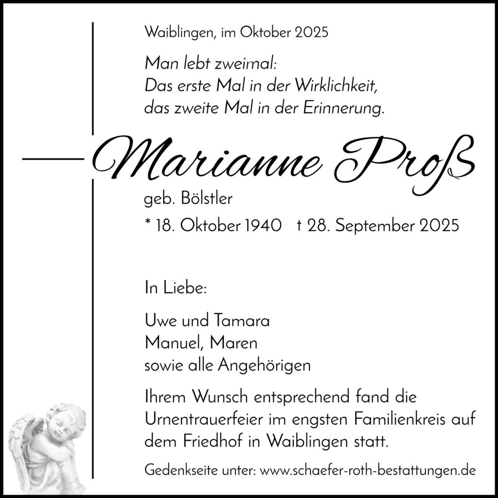 Traueranzeige Marianne Proß