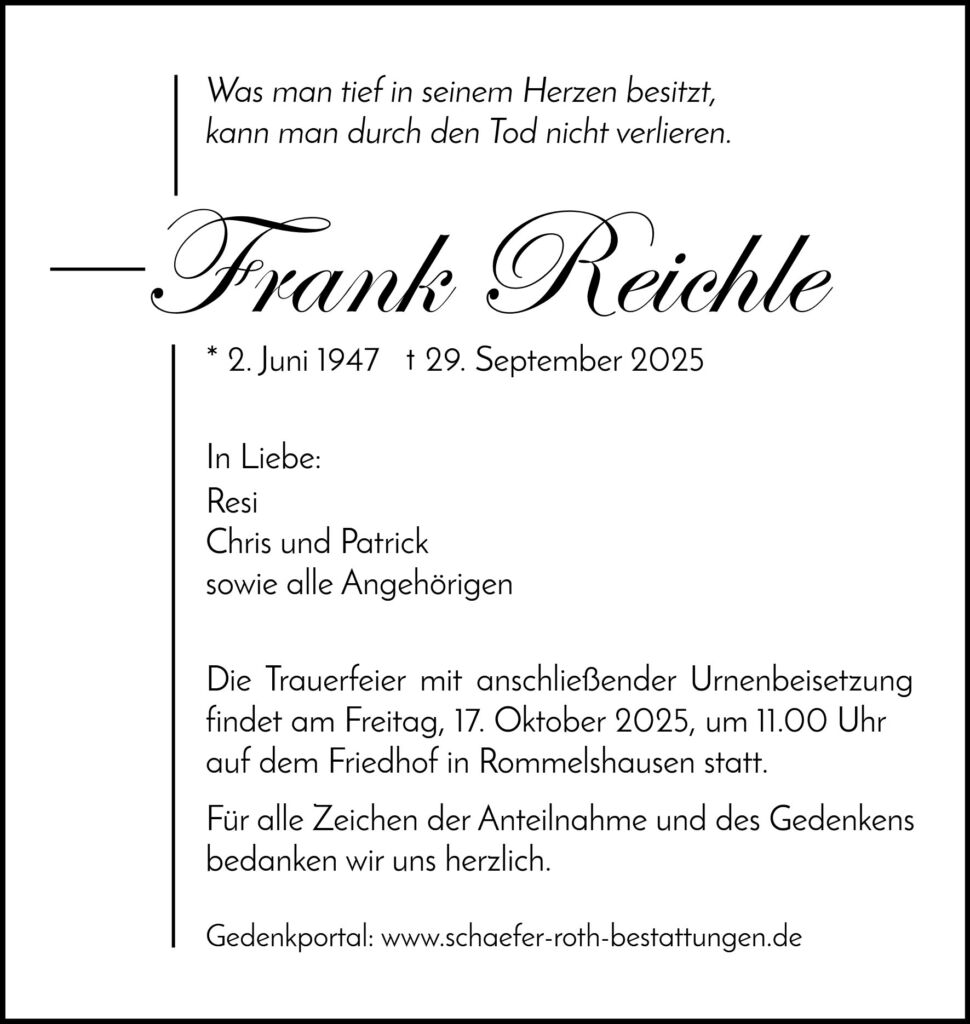 Traueranzeige Frank Reichle