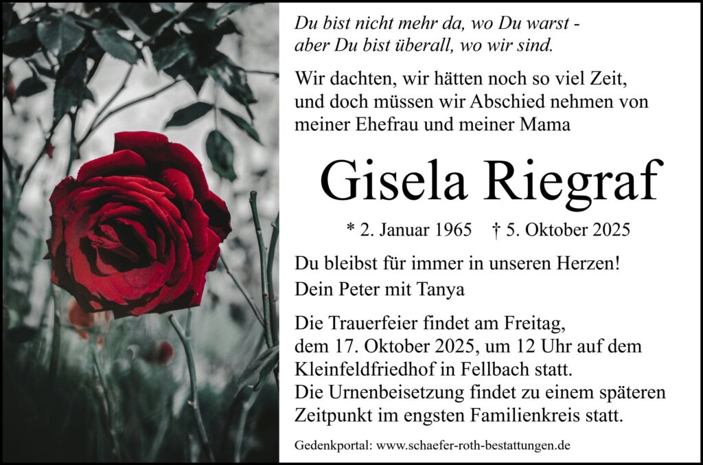 Traueranzeige gisela Riegraf