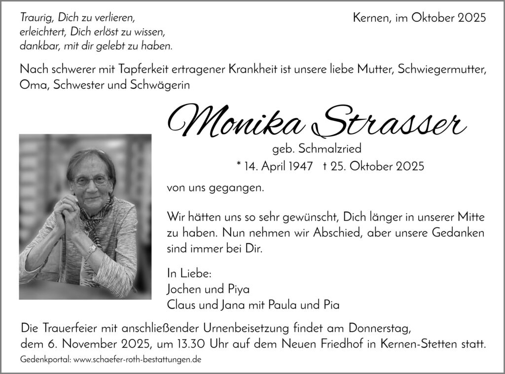Traueranzeige Monika Strasser