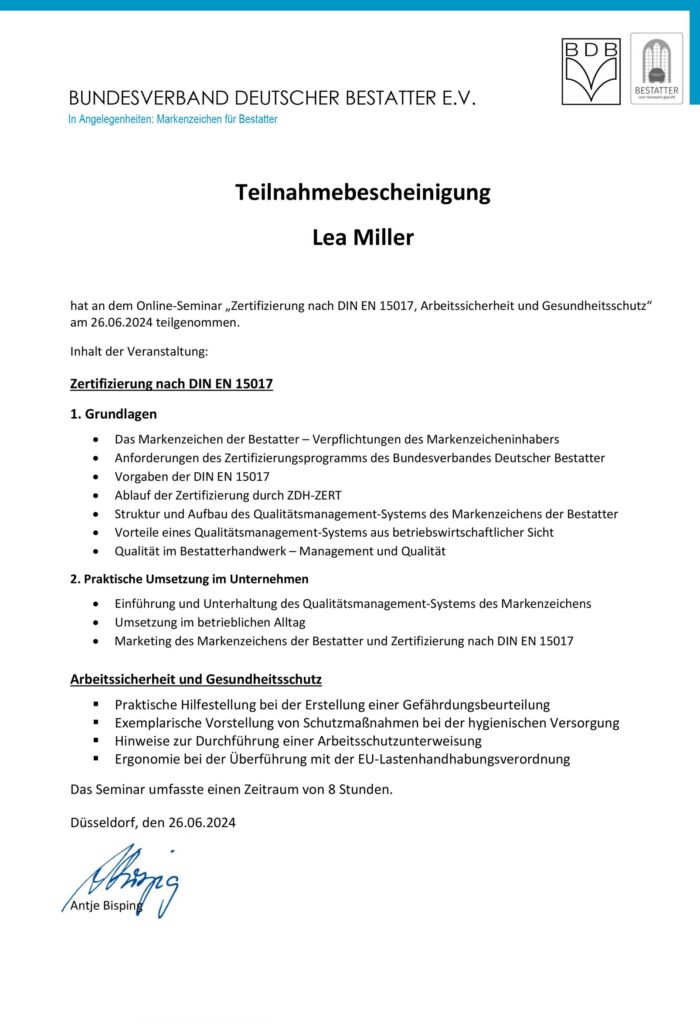 Zertifikat – DIN EN 15017 – Lea Kurzenberger