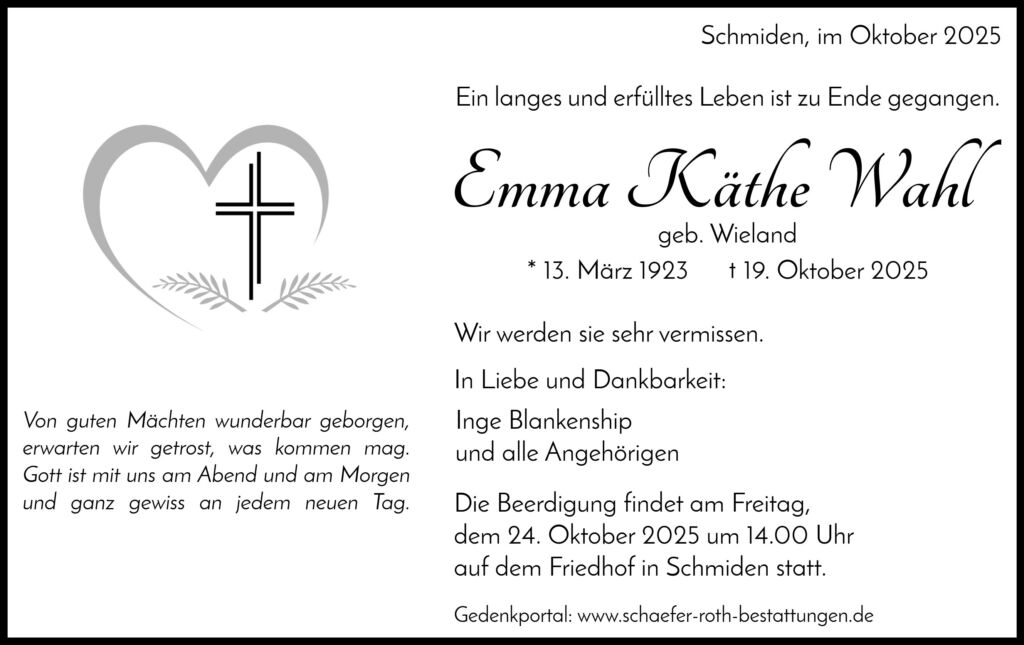Traueranzeige Emma Käthe Wahl