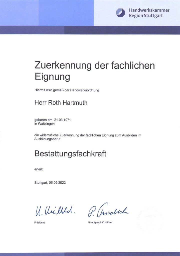 Zertifikat – Ausbildereignung Bestattungsfachkraft – Hartmuth Roth