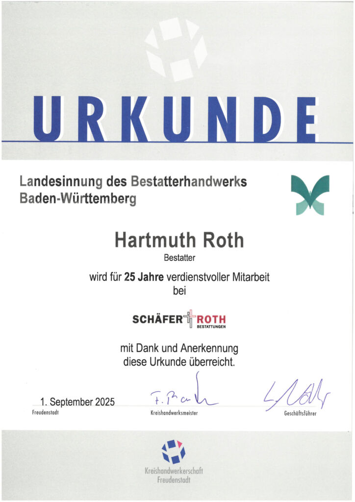 Schäfer und Roth Urkunde 25 Jahre - 2