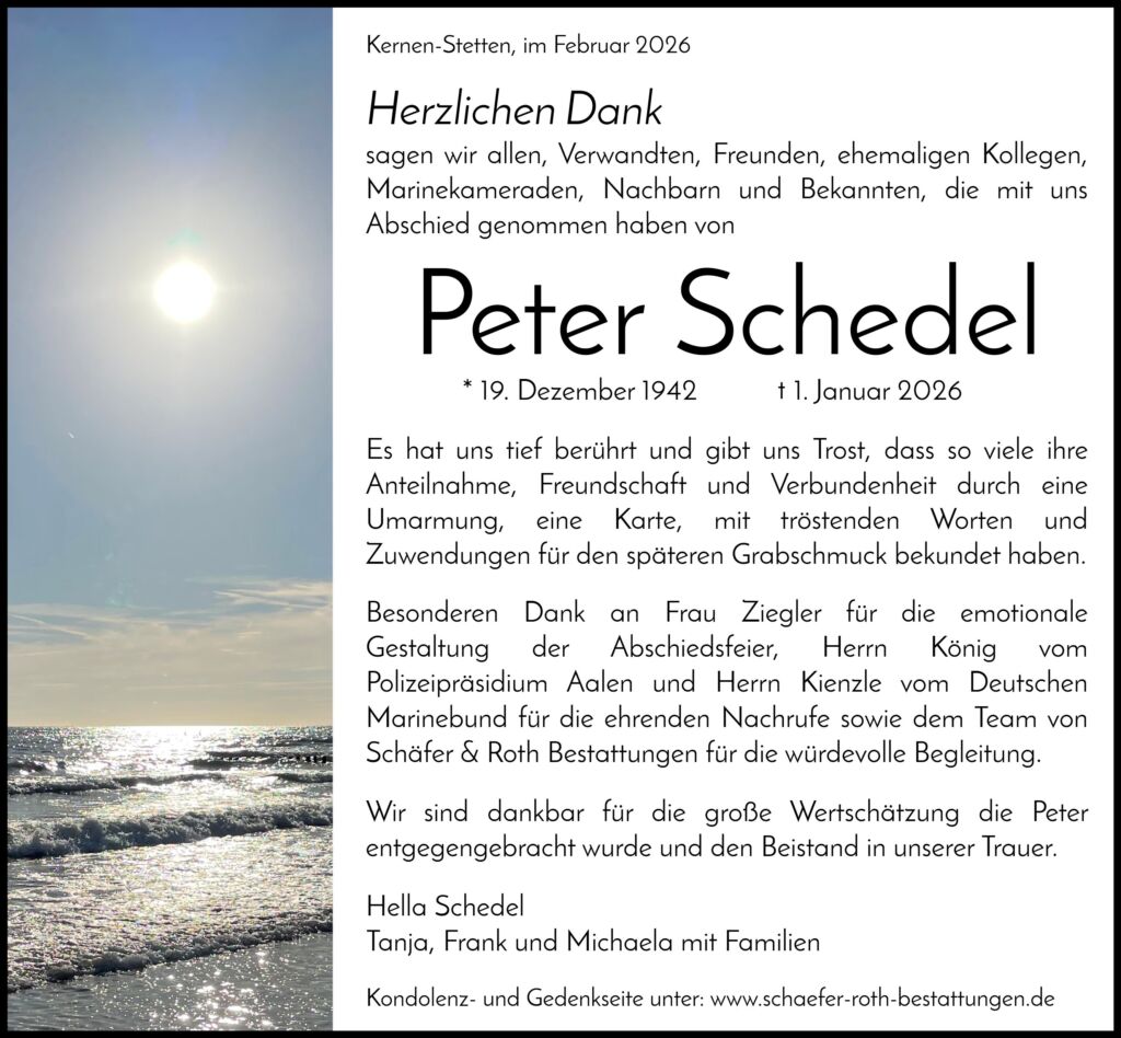 Danksagungsanzeige Peter Schedel