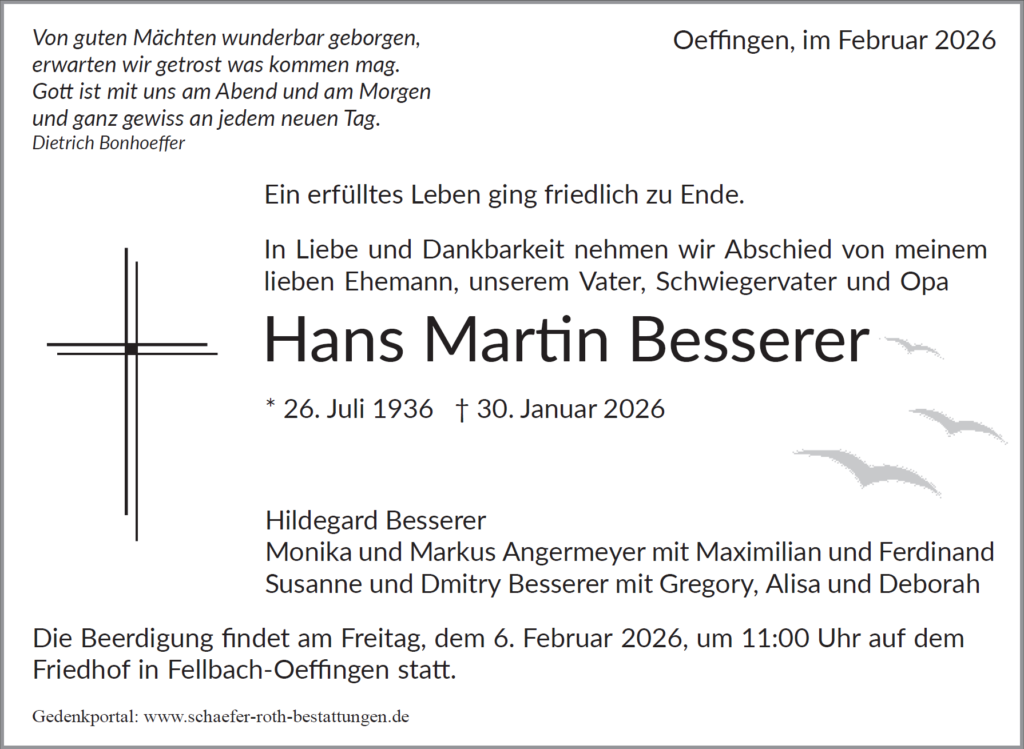 Traueranzeige Hans Martin Besserer