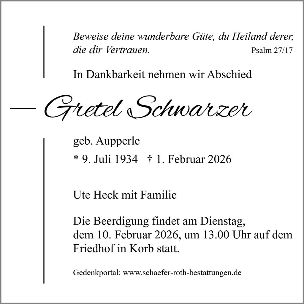 Traueranzeige Gretel Schwarzer
