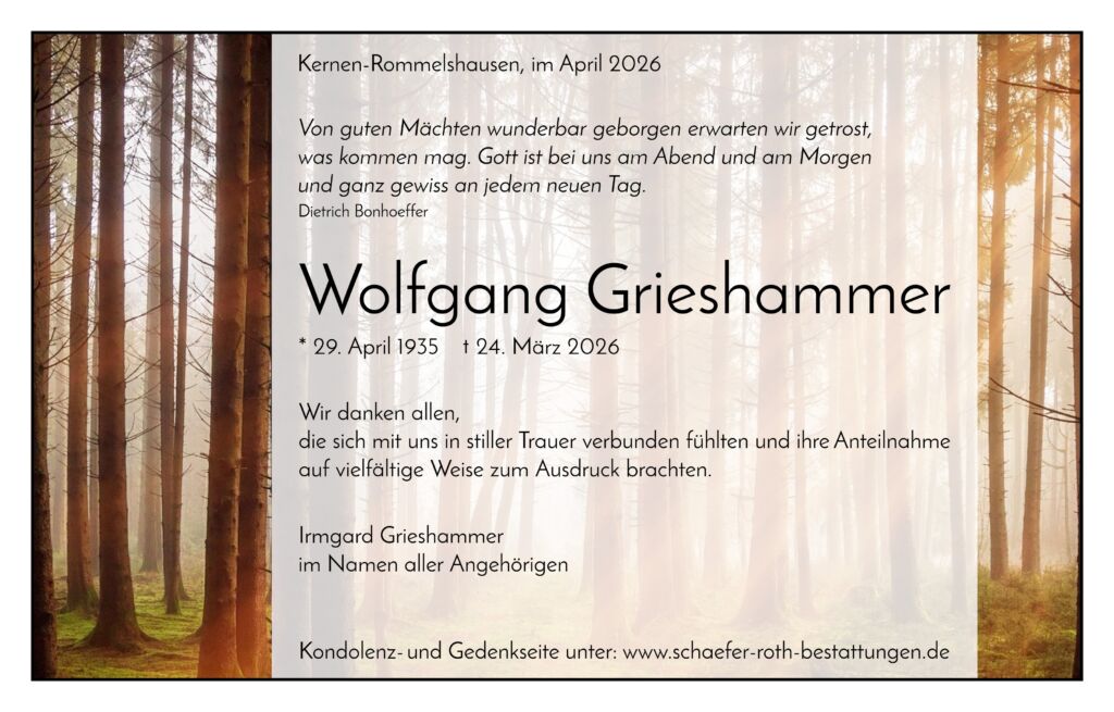 Danksagungsanzeige Wolfgang Grieshammer