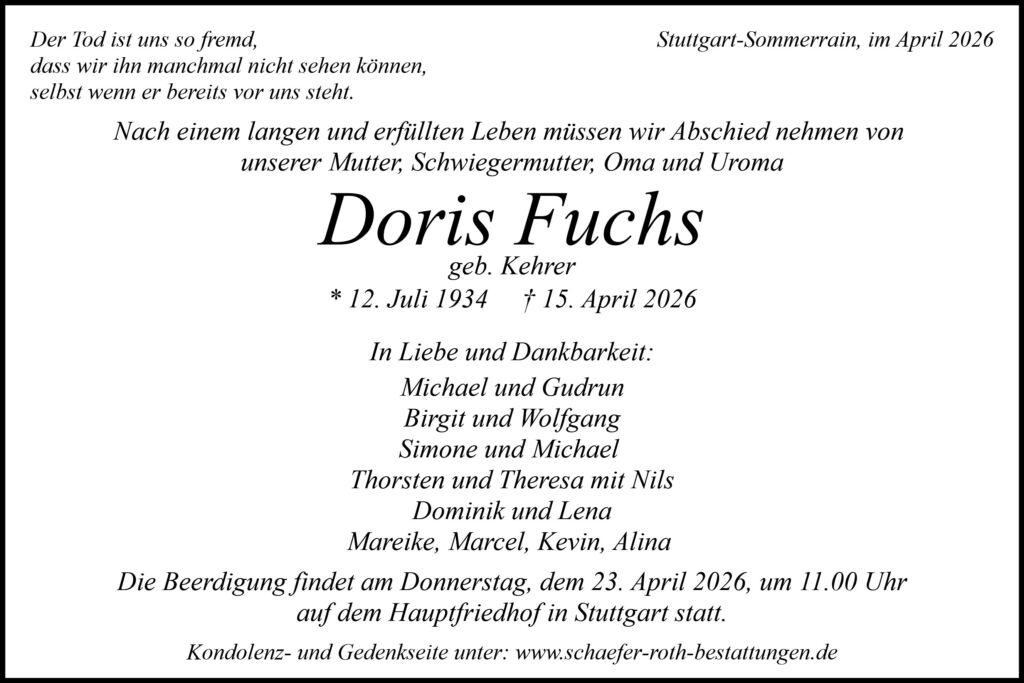 Traueranzeige Doris Fuchs