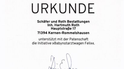 Patenschaftsurkunde Babynotarztwagen Felix