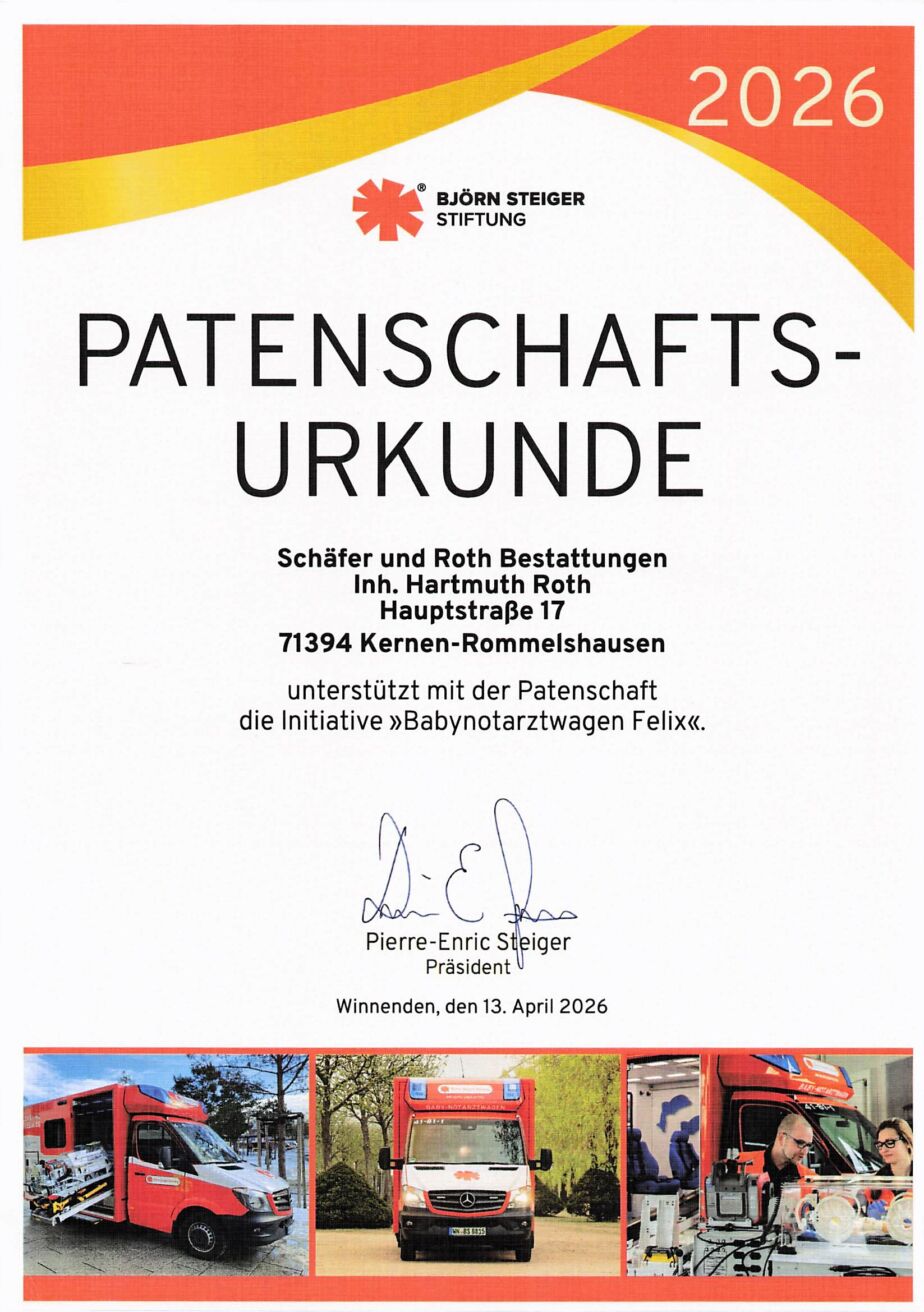 Patenschaftsurkunde Babynotarztwagen Felix