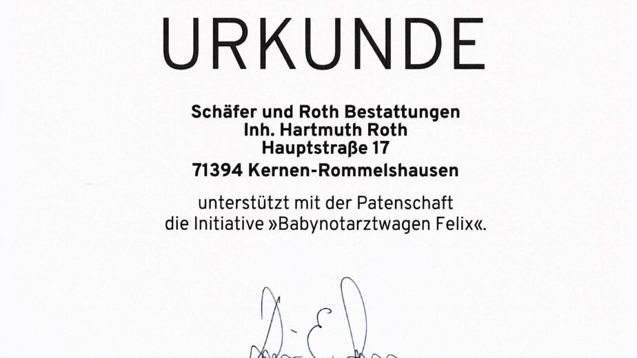 Patenschaftsurkunde Babynotarztwagen Felix