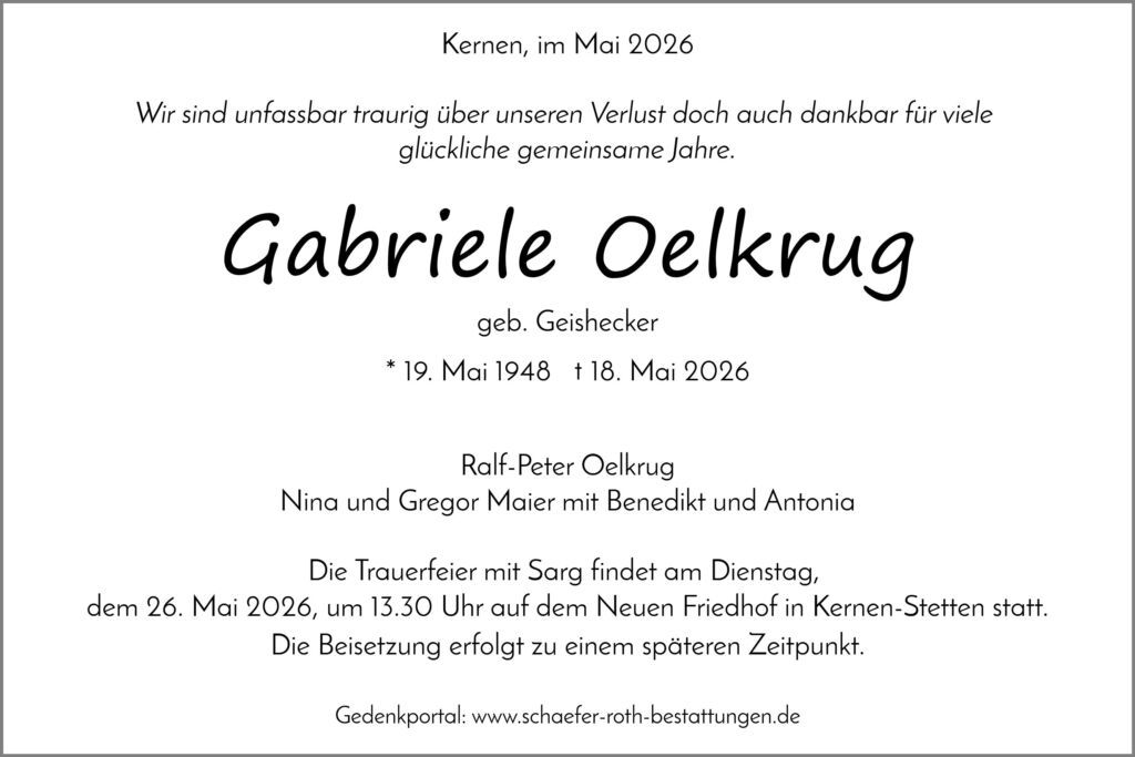 Traueranzeige Gabriele Oelkrug
