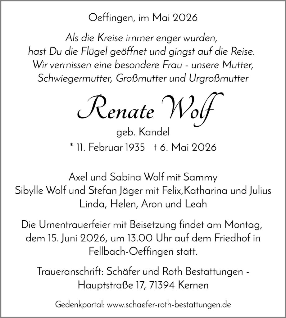 Traueranzeige Renate Wolf