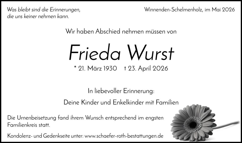 Traueranzeige Frieda Wurst