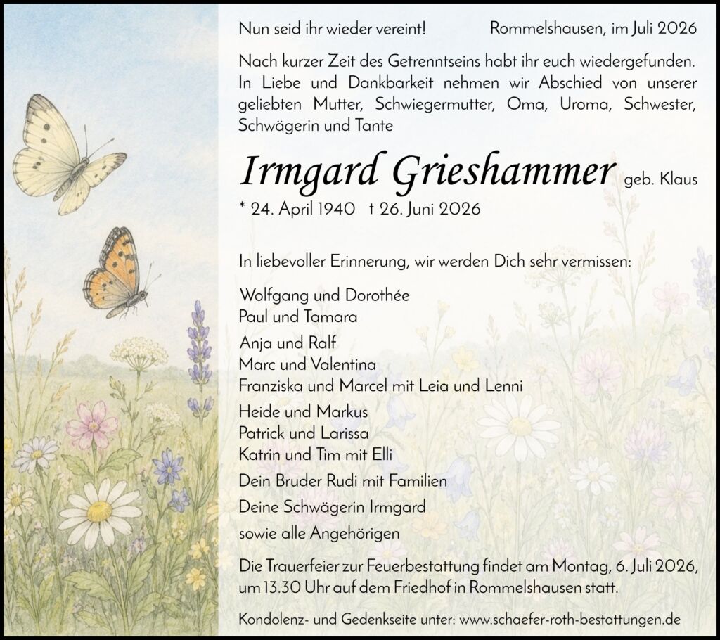 Traueranzeige Irmgard Grieshammer