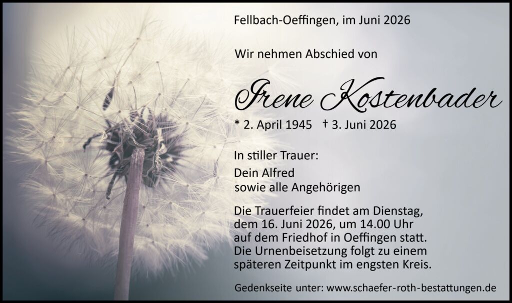 Traueranzeige Irene Kostenbader