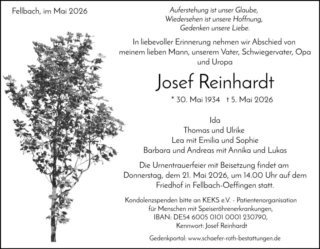 Traueranzeige Josef Reinhardt