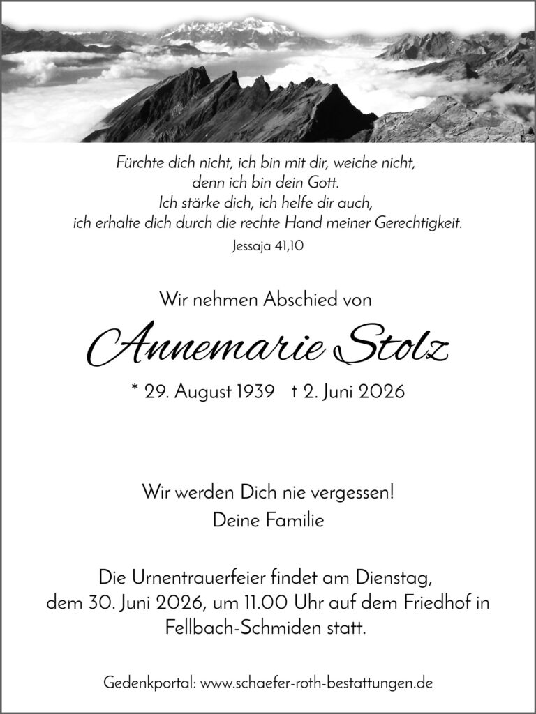 Traueranzeige Annemarie Stolz