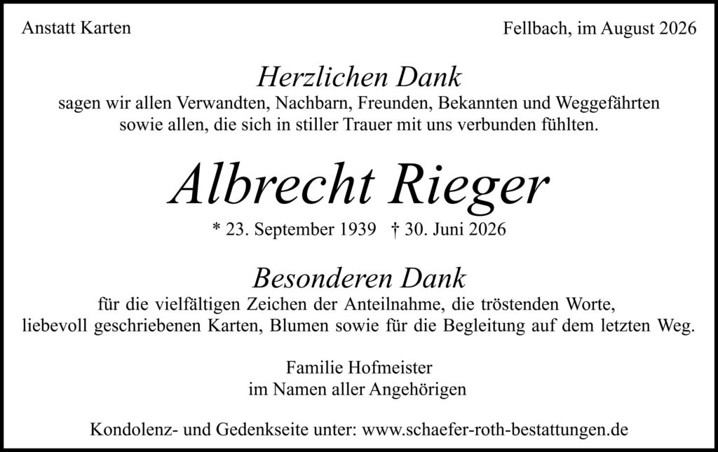 Danksagungsanzeige Albrecht Rieger