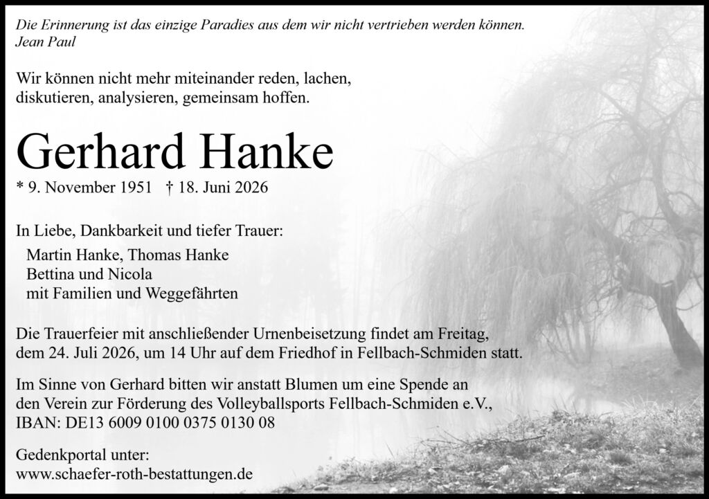 Traueranzeige Gerhard Hanke