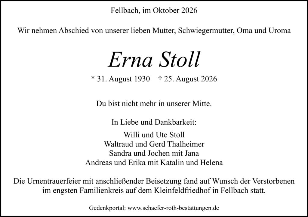 Traueranzeige Erna Stoll
