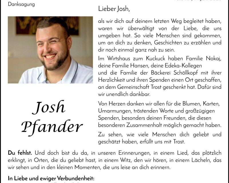 Traueranzeige Josh Pfander