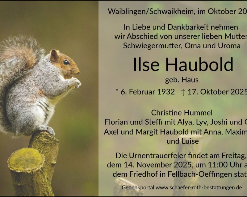 Trauernazeige Ilse Haubold