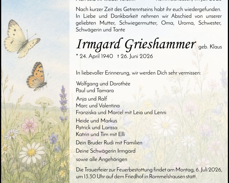 Traueranzeige Irmgard Grieshammer