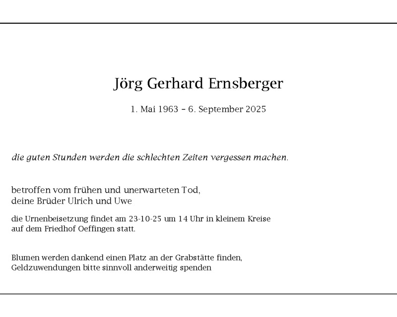 Traueranzeige Jörg Gerhard Ernsberger