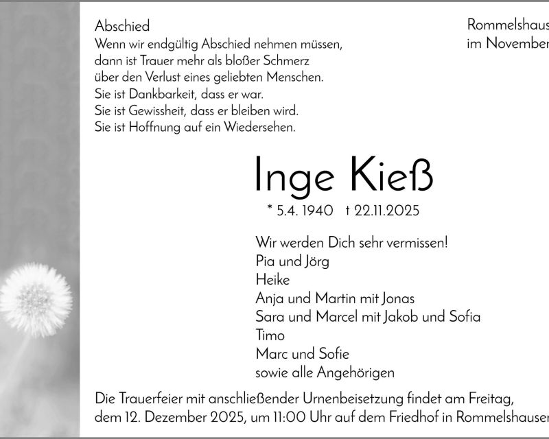 Traueranzeige Inge Kieß