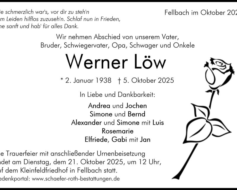 Traueranzeige Werner Löw