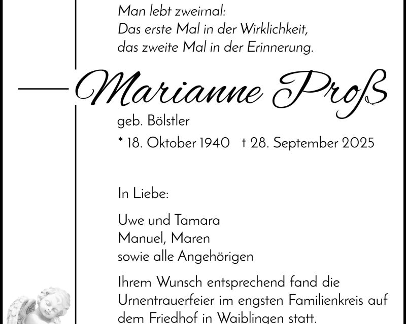 Traueranzeige Marianne Proß