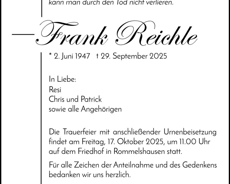 Traueranzeige Frank Reichle