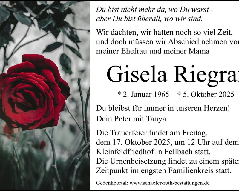 Traueranzeige gisela Riegraf