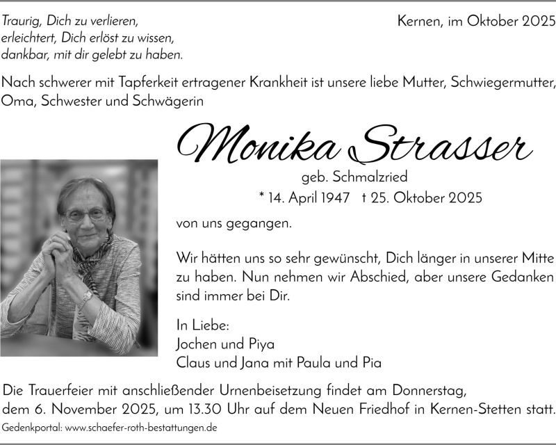 Traueranzeige Monika Strasser